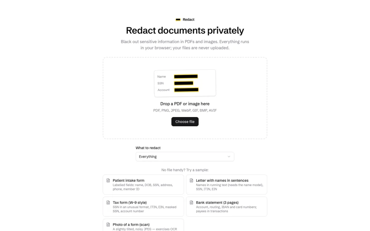 Redact’s home page: redact documents privately